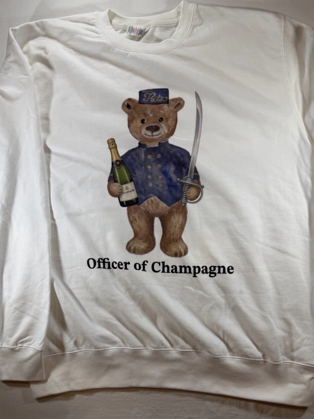 Ritz Paris Teddy Bear Sweatshirt “Officer of Champagne” White Crewneck XL Luxury